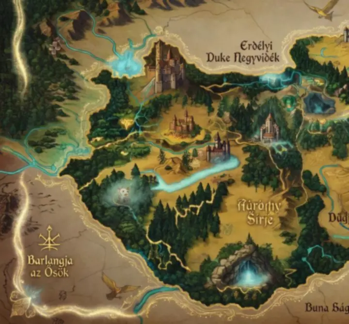 Magyar fantasy játék világ részletes térképe hegyekkel, erdőkkel és folyókkal