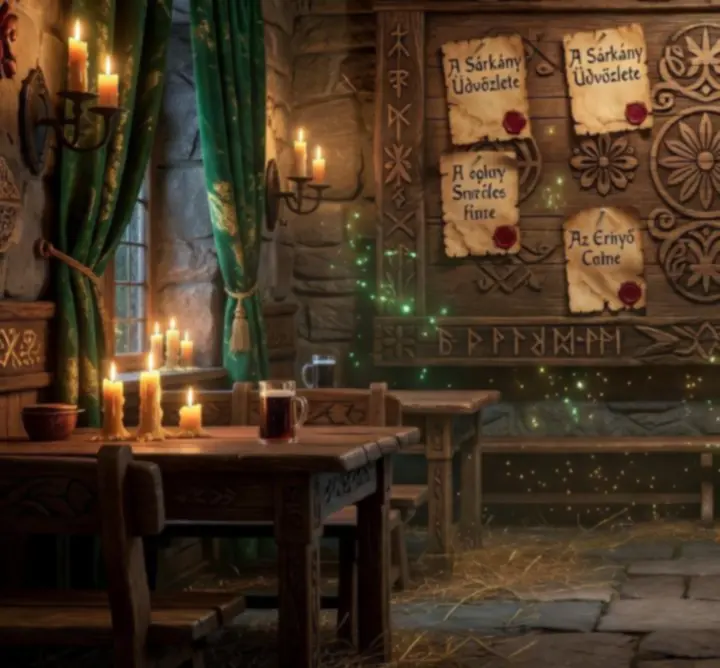 Varázslatos magyar fantasy küldetésfal térképekkel és tekercsekkel